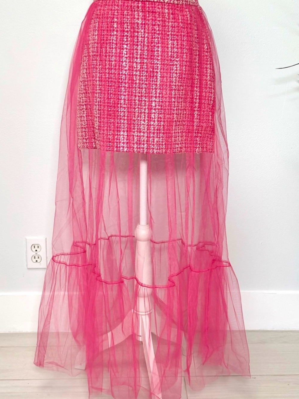 Anthropologie Hot Pink Tweed Mini with Sheer High-Low Tulle Overlay - Picture 2 of 10